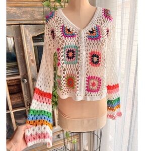 Granny Square Crochet Cardigan Sweater Size L Hippie Boho Coachella Festival